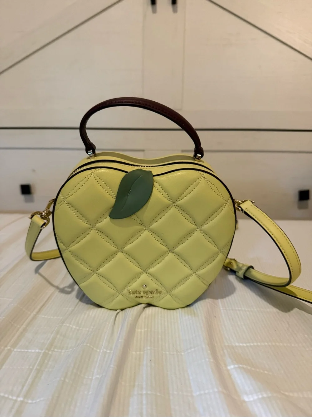 kate spade Yellow Quilted Apple Mini Crossbody with Green Leaf